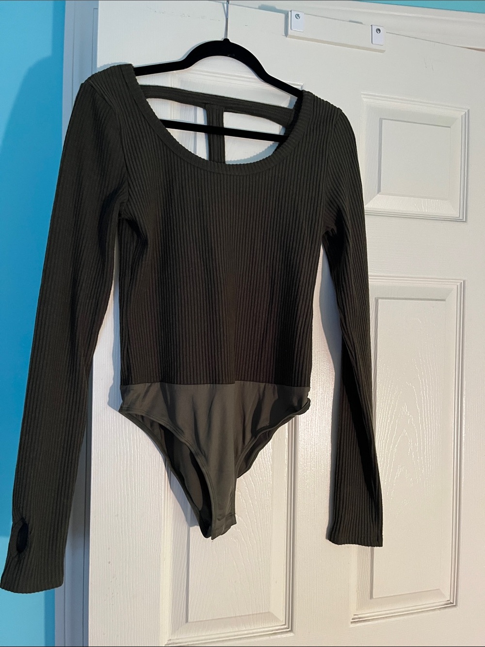 white birch Olive Ribbed Long Sleeve Bodysuit with Back Strap